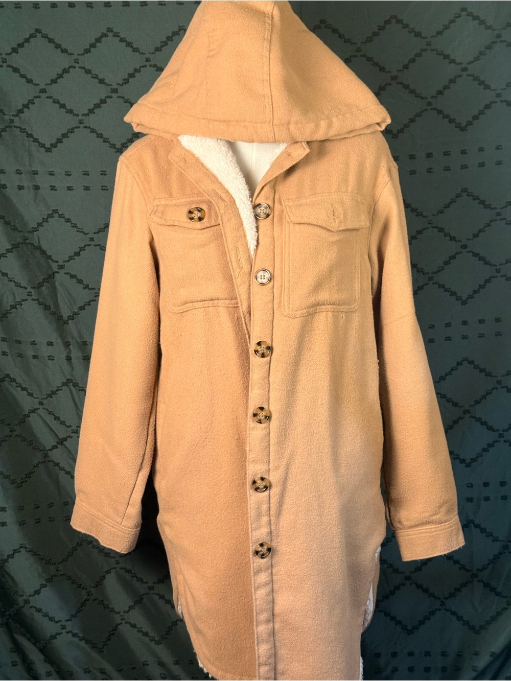 Hooded Sherpa-Lined Utility Jacket in Camel Tan